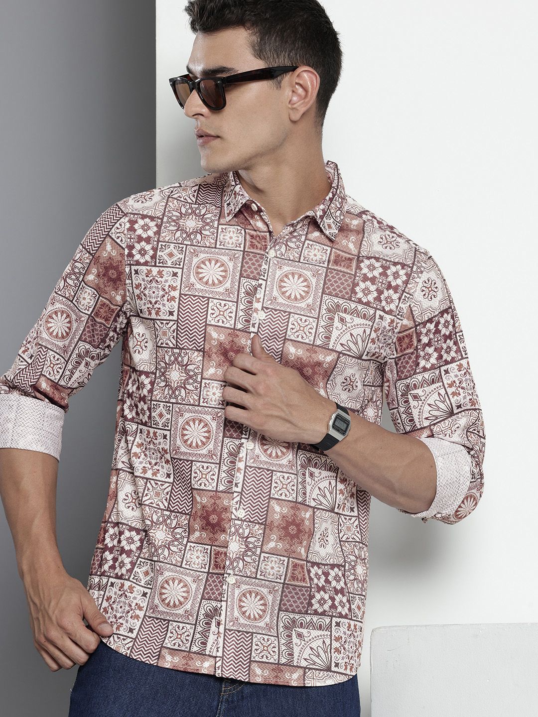 Men's Brown Regular Fit Indie Print Resort Wear Shirt