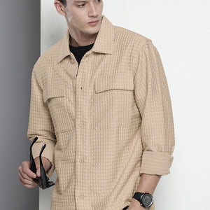 Men's Cream Regular Fit Textured Resort Wear Shirt