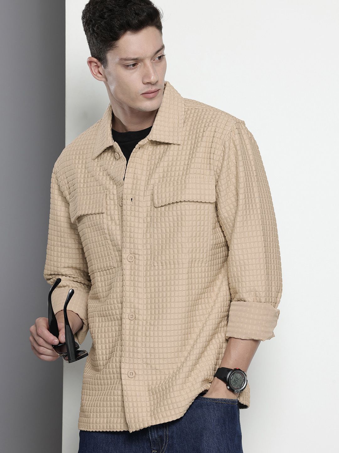 Men's Cream Regular Fit Textured Resort Wear Shirt
