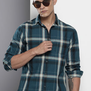 Men's Blue Slim Fit Checked Casual Shirt