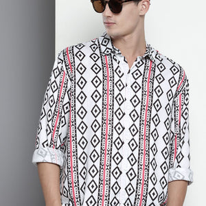 Men's White Relaxed Fit Geometric Print Resort Wear Shirt