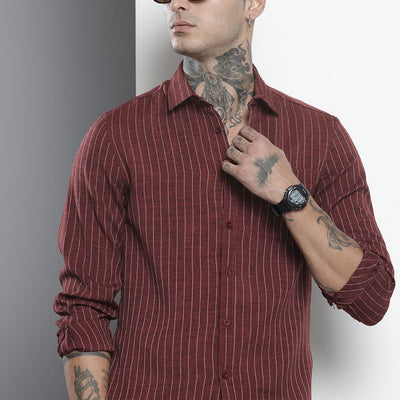 Men's Maroon Slim Fit Striped Casual Shirt