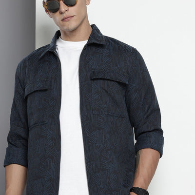 Men's Blue Regular Fit Textured Casual Shirt