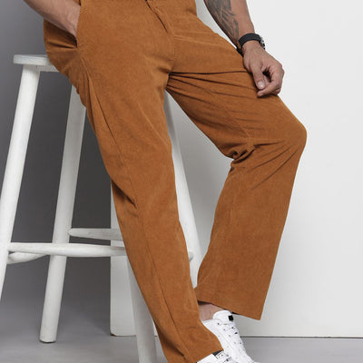 Men's Brown Straight Fit Textured Trousers
