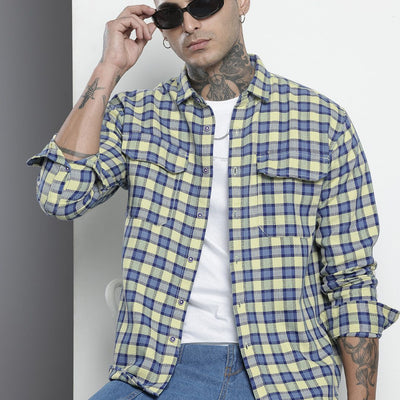 Men's Orange Relaxed Fit Checked Casual Shirt