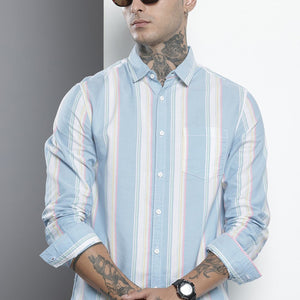Men's Blue Slim Fit Striped Casual Shirt
