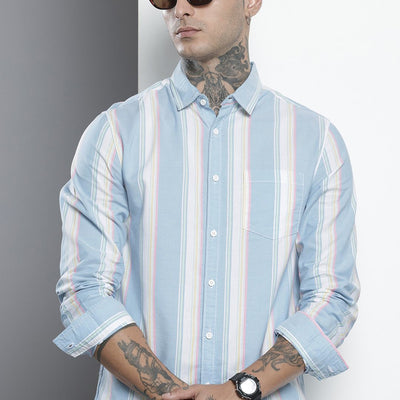 Men's Blue Slim Fit Striped Casual Shirt