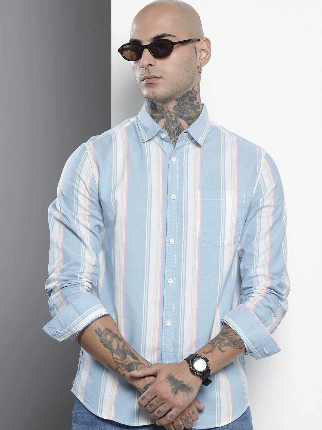 Men's Blue Slim Fit Striped Casual Shirt