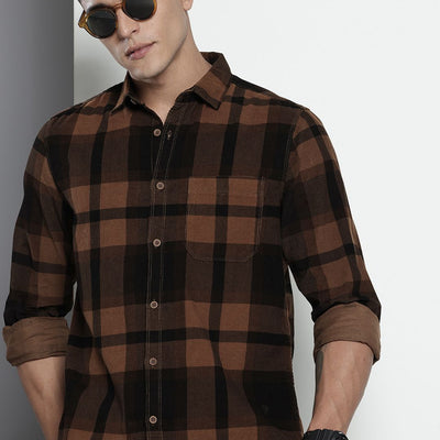 Men's Brown Regular Fit Checked Casual Shirt