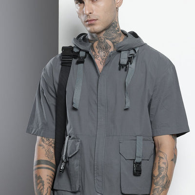 Men's Grey Boxy Solid Street Wear Shirt