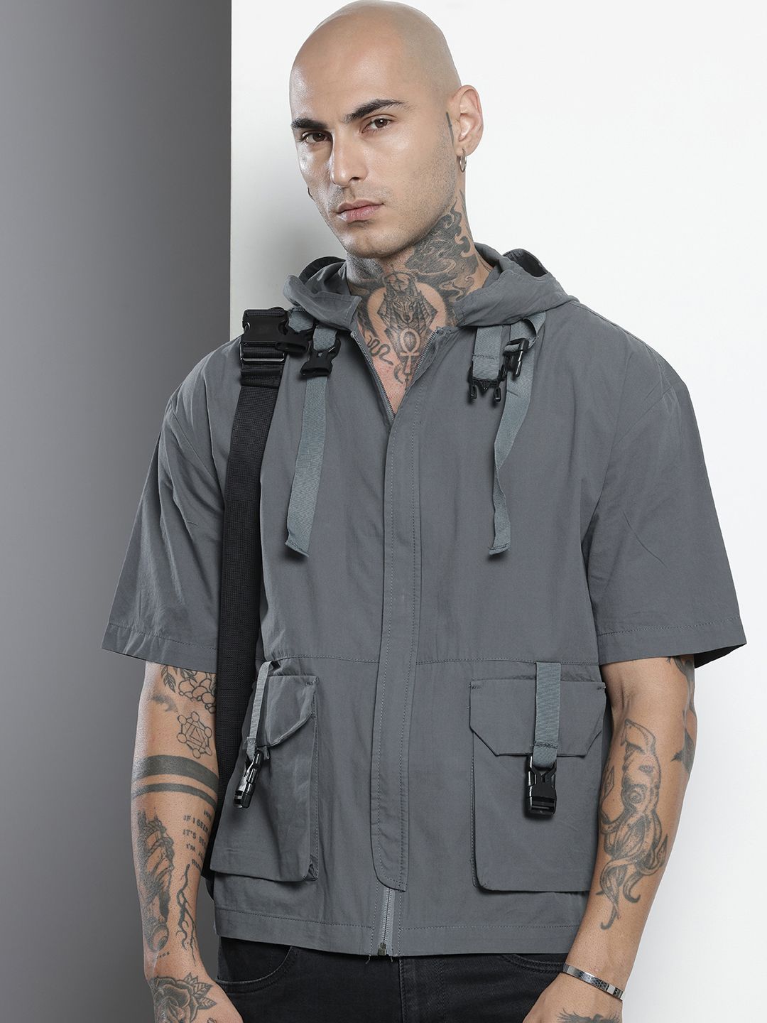 Men's Grey Boxy Solid Street Wear Shirt