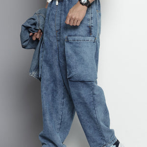 Men's Blue Loose Solid Denim Cargo Harem Pants