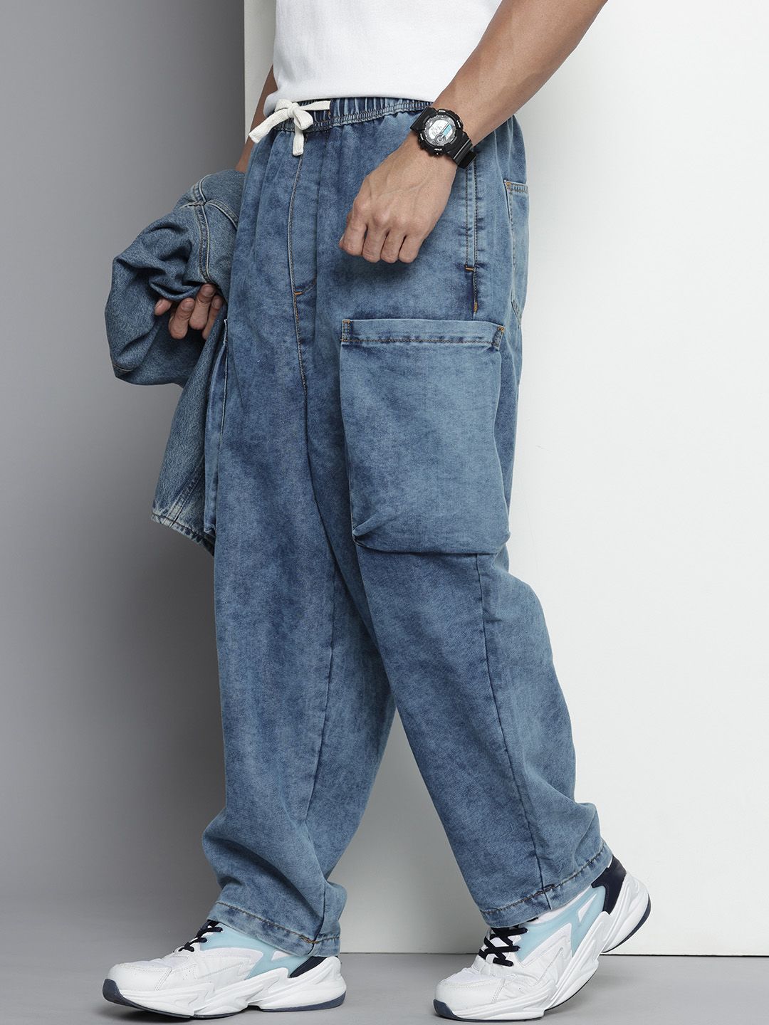 Men's Blue Loose Solid Denim Cargo Harem Pants