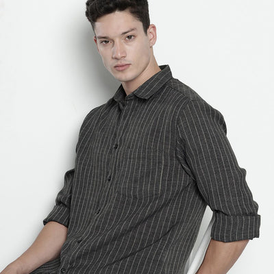 Men's Charcoal Slim Fit Striped Casual Shirt
