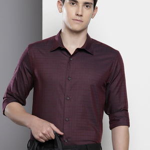 Men's Burgundy Slim Fit Checked Formal Shirt