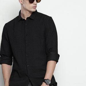 Men's Black Regular Fit Textured Resort Wear Shirt