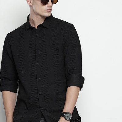 Men's Black Regular Fit Textured Resort Wear Shirt