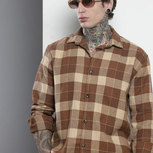 Men's Brown Relaxed Fit Checked Resort Wear Shirt