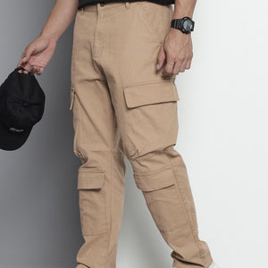 Men's Beige Relaxed Fit Solid Cargos
