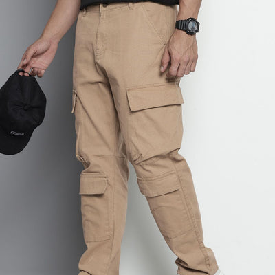 Men's Beige Relaxed Fit Solid Cargos
