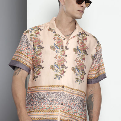 Men's Beige Relaxed Fit Indie Resort Wear Shirt