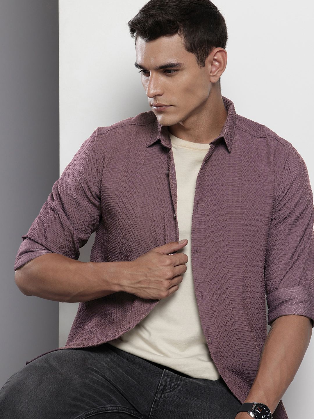 Men's Purple Regular Fit Solid Resort Wear Shirt
