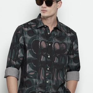 Men's Black Slim Fit Abstract Print Party Wear Shirt