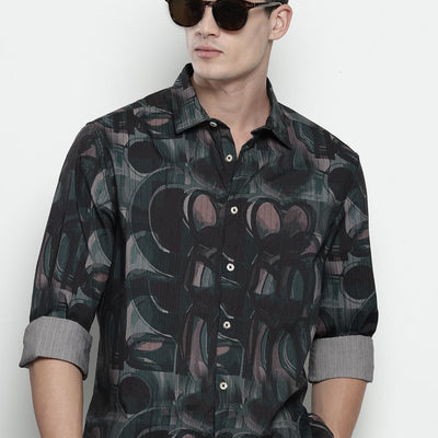 Men's Black Slim Fit Abstract Print Party Wear Shirt