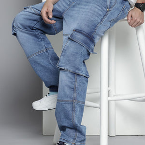 Men's Blue Relaxed Fit Solid Stretchable Denim Cargo Joggers