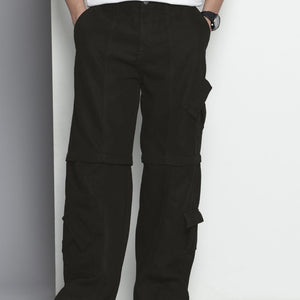 Men's Black Wide Leg Solid Convertible Cargo Jeans