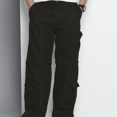 Men's Black Wide Leg Solid Convertible Cargo Jeans