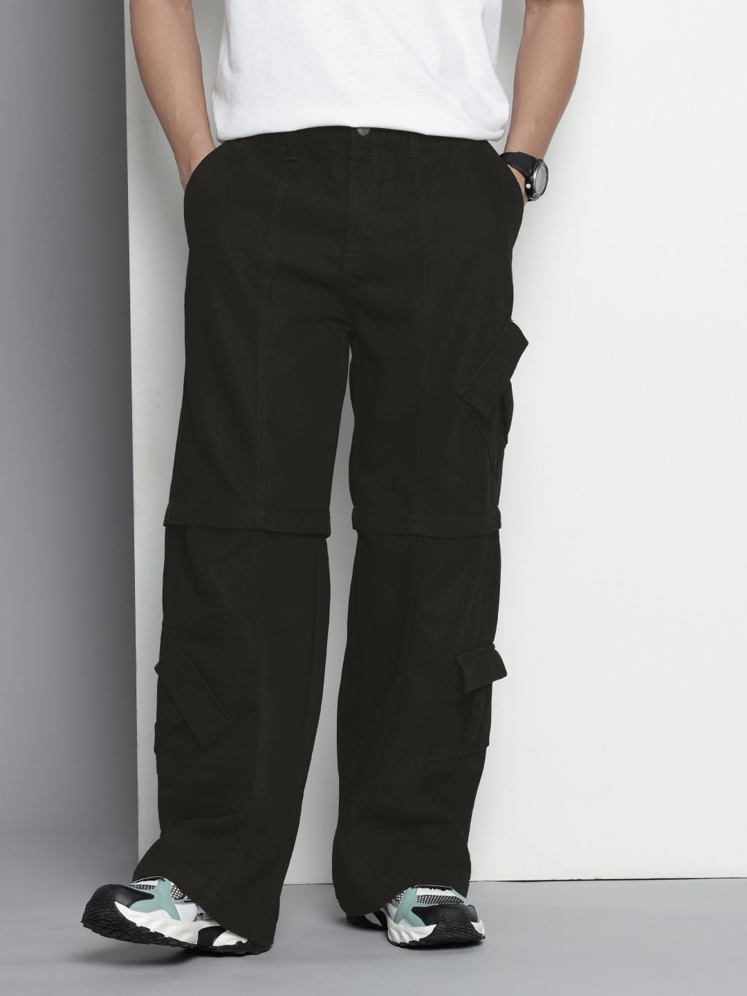 Men's Black Wide Leg Solid Convertible Cargo Jeans