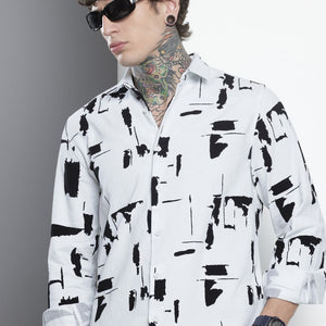 Men's White Regular Fit Printed Casual Shirt