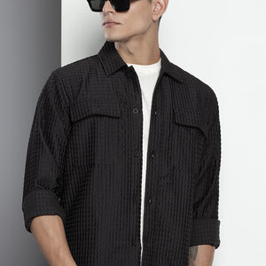 Men's Black Regular Fit Textured Resort Wear Shirt