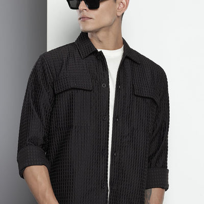 Men's Black Regular Fit Textured Resort Wear Shirt