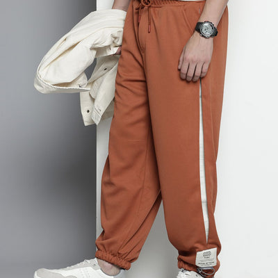 Men's Brown Relaxed Fit Textured Baggy Joggers