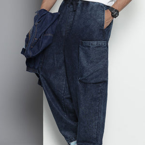 Men's Blue Loose Solid Denim Cargo Harem Pants
