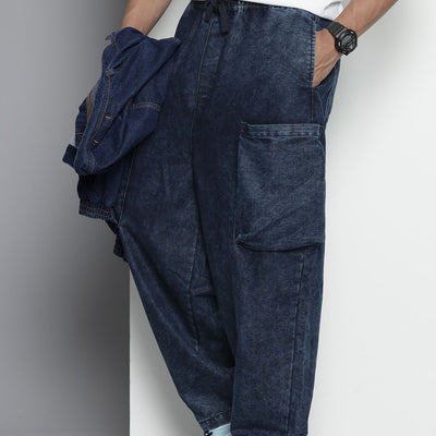 Men's Blue Loose Solid Denim Cargo Harem Pants