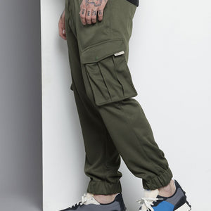 Men's Olive Relaxed Fit Textured Cargo Joggers