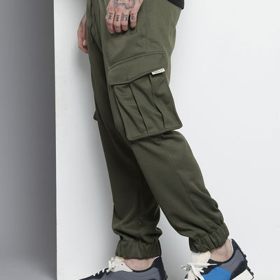 Men's Olive Relaxed Fit Textured Cargo Joggers