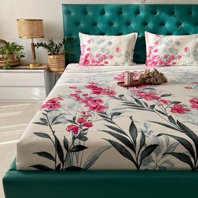Serene 200 TC 100% Cotton Single Printed Bedsheet with Pillow Covers - Majestic Pink
