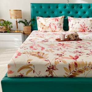 Serene 200 TC 100% Cotton Single Printed Bedsheet with Pillow Covers - Floral Feast Peach
