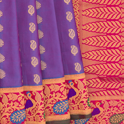 Purple Handwoven Gadwal Silk Saree With Mango Butta & Paithani Border-Purple
