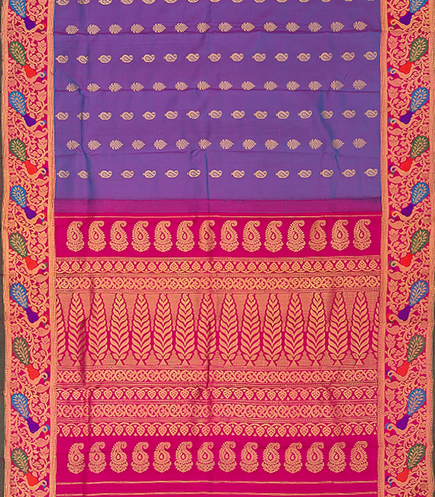Purple Handwoven Gadwal Silk Saree With Mango Butta & Paithani Border-Purple