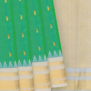 Sea Green Handloom Gadwal Silk Cotton Saree With Cream Border-Sea Green