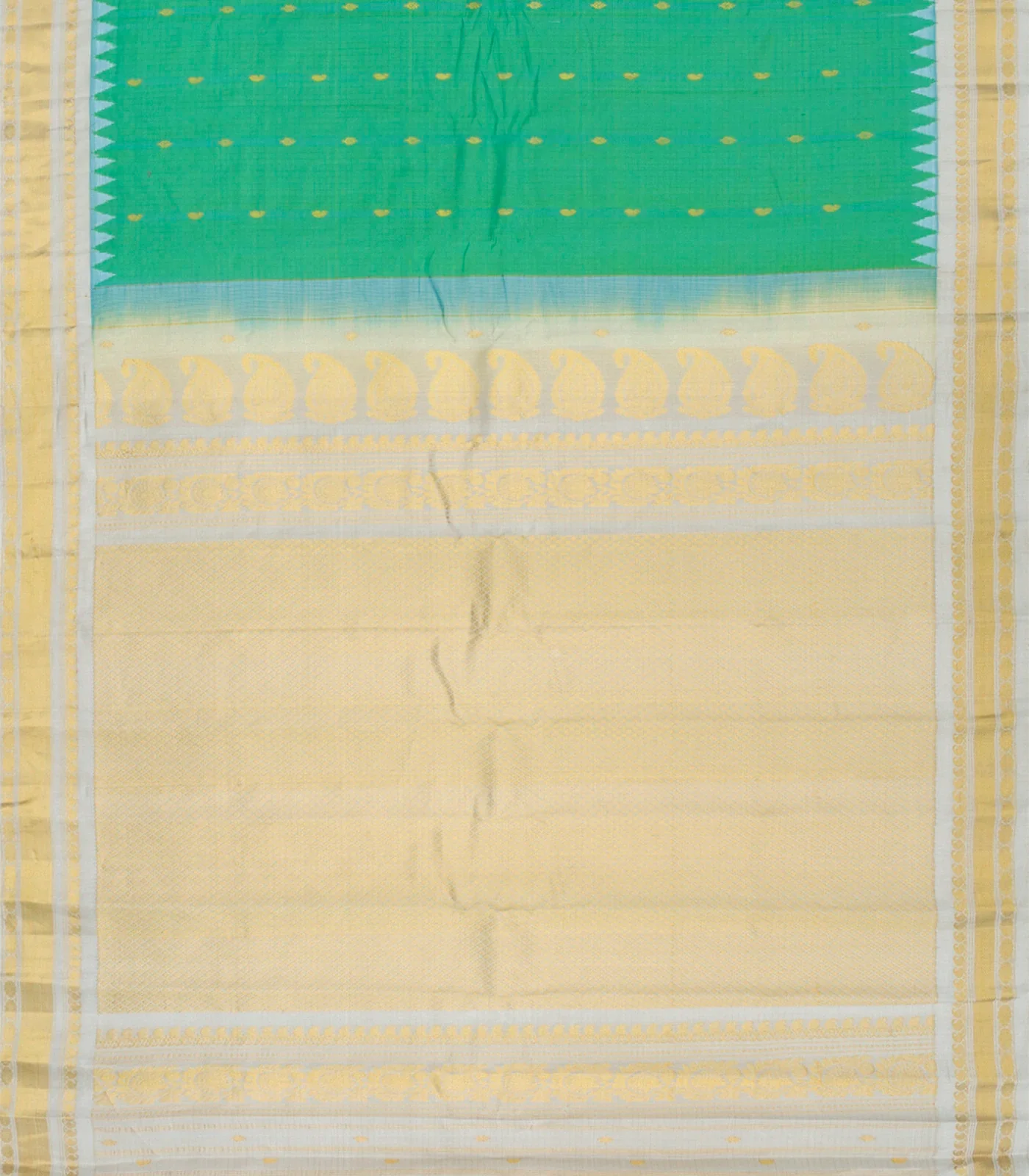 Sea Green Handloom Gadwal Silk Cotton Saree With Cream Border-Sea Green