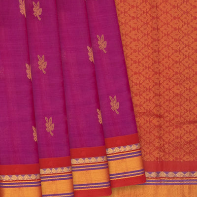 Pink Handloom Gadwal Silk Cotton Saree With Floral Butta & Red Border-Pink