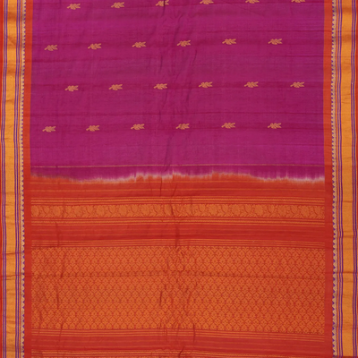 Pink Handloom Gadwal Silk Cotton Saree With Floral Butta & Red Border-Pink