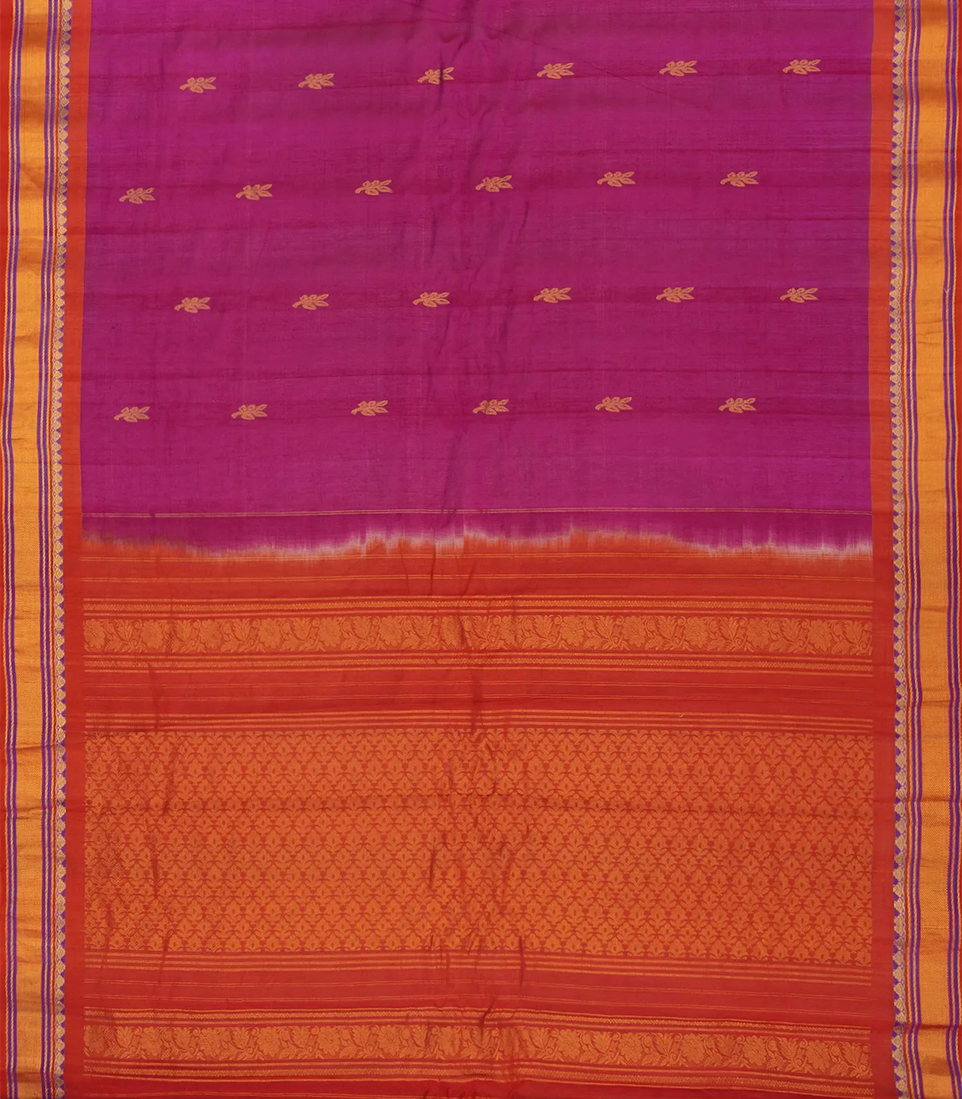 Pink Handloom Gadwal Silk Cotton Saree With Floral Butta & Red Border-Pink
