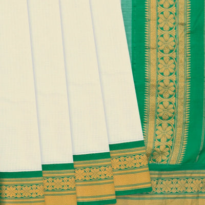 White Handloom Gadwal Cotton Saree With Checks & Green Border-White